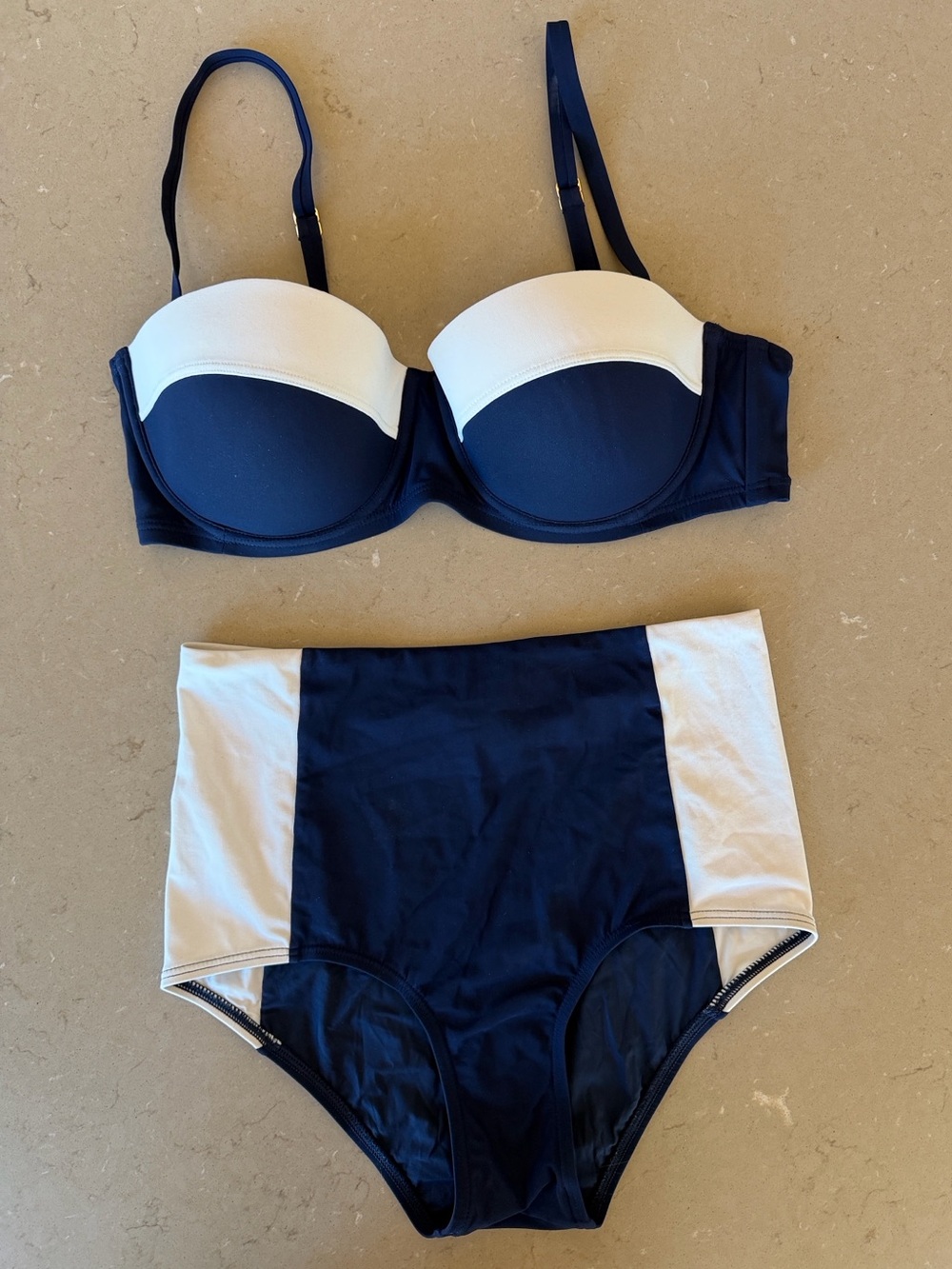 Tory Burch Bikini Navy White Colorblock High-Waist Underwire XS Bottoms, M Top
